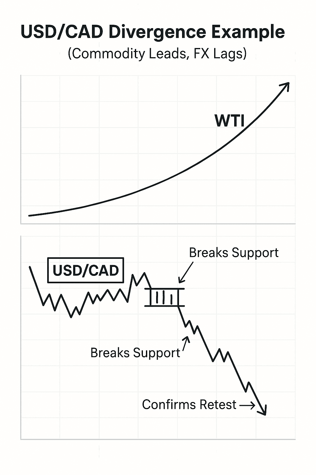 Example chart showing WTI rising while USD/CAD lags before breaking support and confirming the retest