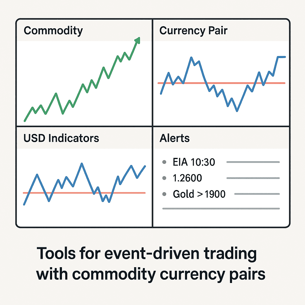 Linked chart layout showing a commodity chart, its currency pair, and USD indicators for event-driven trading